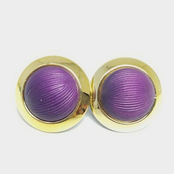 Vintage Purple and Gold Tone Dome Stud Earrings, Retro 80s Style, Estate - Picture 1 of 5